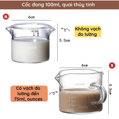 Cốc ly thủy tinh đong 100ml mini chịu nhiệt chia vạch 75ml pha chế cà phê, sữa, sốt chấm có tay cầm gỗ đàn hương - THEA kitchen
