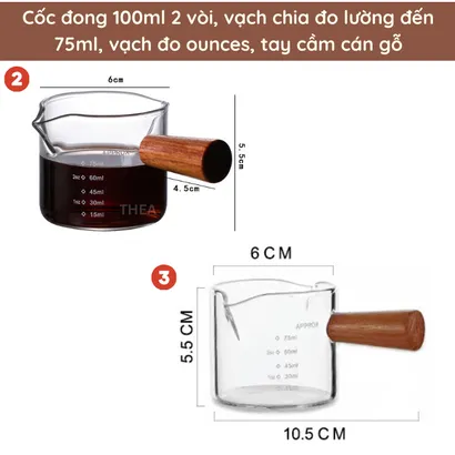 Cốc ly thủy tinh đong 100ml mini chịu nhiệt chia vạch 75ml pha chế cà phê, sữa, sốt chấm có tay cầm gỗ đàn hương - THEA kitchen