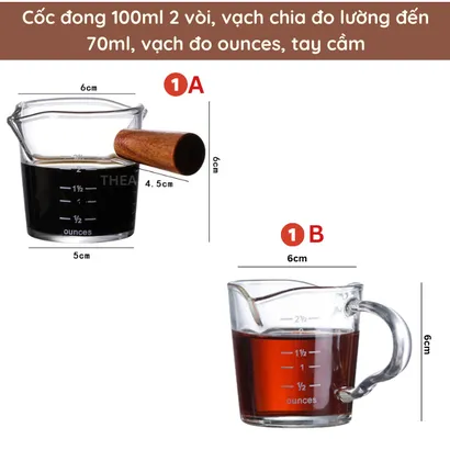 Cốc ly thủy tinh đong 100ml mini chịu nhiệt chia vạch 75ml pha chế cà phê, sữa, sốt chấm có tay cầm gỗ đàn hương - THEA kitchen