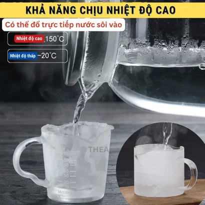 Cốc ly thủy tinh đong 100ml mini chịu nhiệt chia vạch 75ml pha chế cà phê, sữa, sốt chấm có tay cầm gỗ đàn hương - THEA kitchen