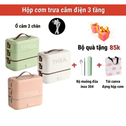 Hộp đựng cơm cắm điện văn phòng 2,3 tầng khay inox 304 chia ngăn cao cấp nấu nhanh hầm hấp hâm nóng đa năng có quà -THEA