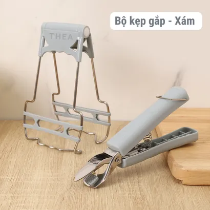 Bộ kẹp gắp đồ nóng, dụng cụ gắp bát đĩa chén chống nóng bằng inox cao cấp có silicone chống trơn trượt - THEA