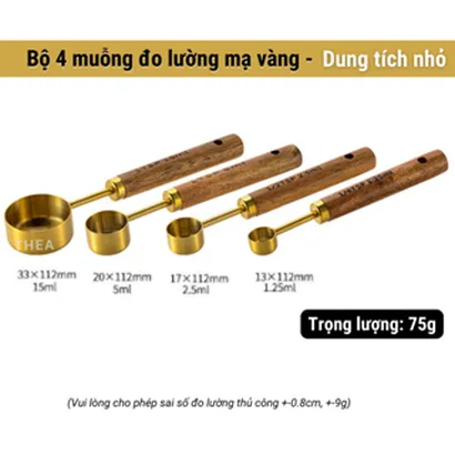 Bộ muỗng đong ml, thìa định lượng đo lường inox cao cấp pha chế gia vị, café, sữa tay cầm cán gỗ – THEA