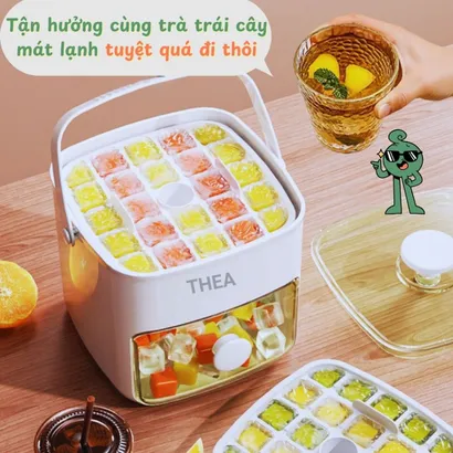 Khay làm đá viên thông minh có nắp đậy, hộp làm đá viên nhỏ có nắp tủ lạnh 2 tầng, có kẹp gắp đá tiện dụng – THEA