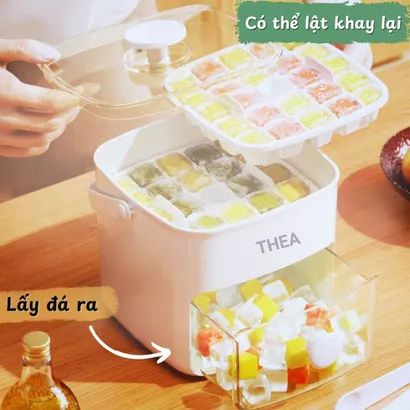 Khay làm đá viên thông minh có nắp đậy, hộp làm đá viên nhỏ có nắp tủ lạnh 2 tầng, có kẹp gắp đá tiện dụng – THEA