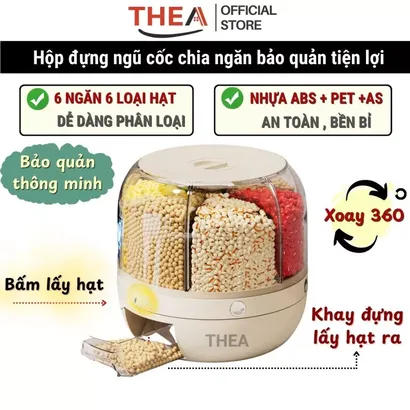 Hộp nhựa đựng hạt ngũ cốc thông minh chia 6 ngăn xoay 360 độ nắp đậy chống ẩm mối mọt lấy hạt tự động sang trọng - THEA