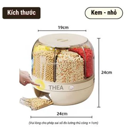 Hộp nhựa đựng hạt ngũ cốc thông minh chia 6 ngăn xoay 360 độ nắp đậy chống ẩm mối mọt lấy hạt tự động sang trọng - THEA
