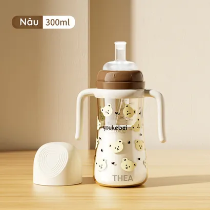 Bình tập hút uống sữa, nước chống sặc cho bé từ 6 tháng, 1-2-3 tuổi cảm biến nhiệt 300ml bằng nhựa PP an toàn - THEA