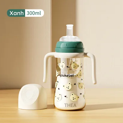 Bình tập hút uống sữa, nước chống sặc cho bé từ 6 tháng, 1-2-3 tuổi cảm biến nhiệt 300ml bằng nhựa PP an toàn - THEA