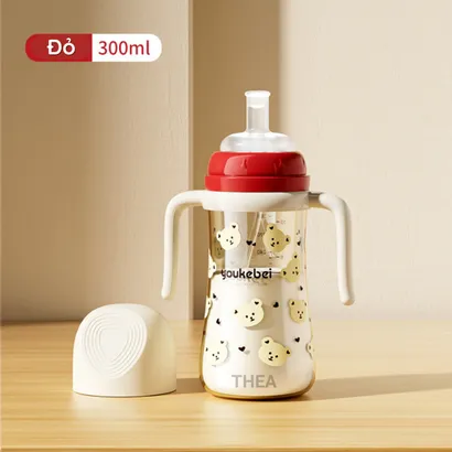 Bình tập hút uống sữa, nước chống sặc cho bé từ 6 tháng, 1-2-3 tuổi cảm biến nhiệt 300ml bằng nhựa PP an toàn - THEA