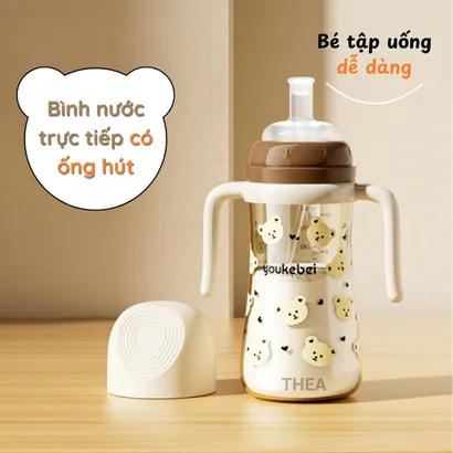 Bình tập hút uống sữa, nước chống sặc cho bé từ 6 tháng, 1-2-3 tuổi cảm biến nhiệt 300ml bằng nhựa PP an toàn - THEA