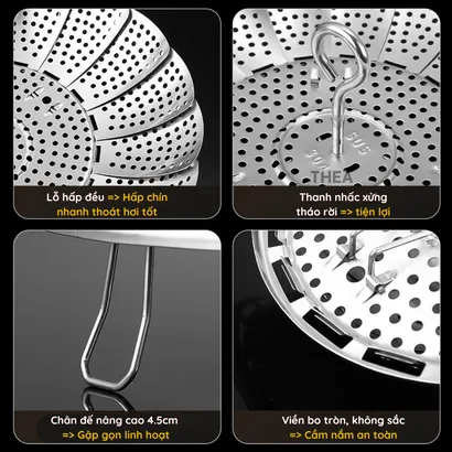 Xửng hấp inox, vỉ hấp, khay hấp inox 304 có chân hấp đa năng có lỗ thoát nước 3 chế độ đóng mở đa kích thước - THEA