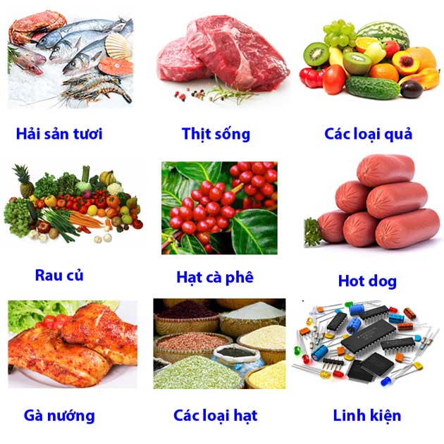 Các loại thực phẩm và linh kiện được đóng gói với máy hút chân không Các loại thực phẩm và linh kiện được đóng gói với máy hút chân không