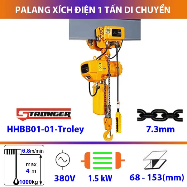 Palang xích điện 1 tấn Stronger di chuyển linh hoạt trên khung dầm