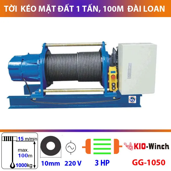 Tời kéo mặt đất 1 tấn KIO WINCH, 100m xuất xứ Đài Loan
