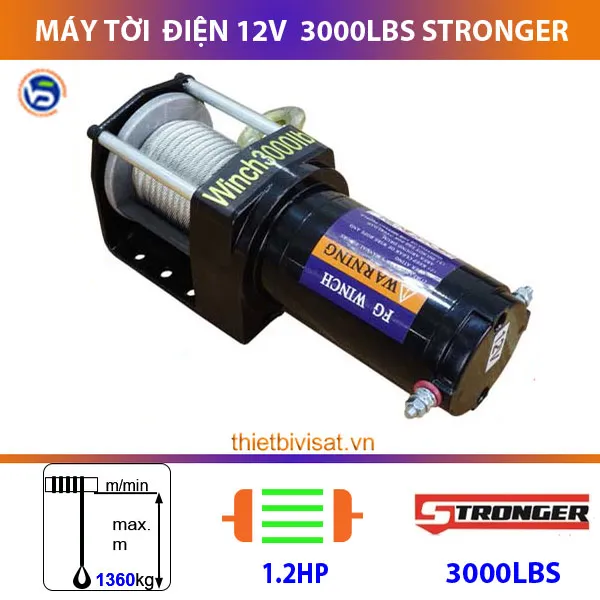 Máy tời điện 12v 3000lbs Stronger công suất 1.2HP phù hợp với ắc quy trang bị trên ô tô