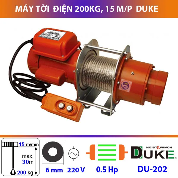 Máy tời điện 200kg DUKE DU-202 chịu tải mạnh mẽ, tiết kiệm điện