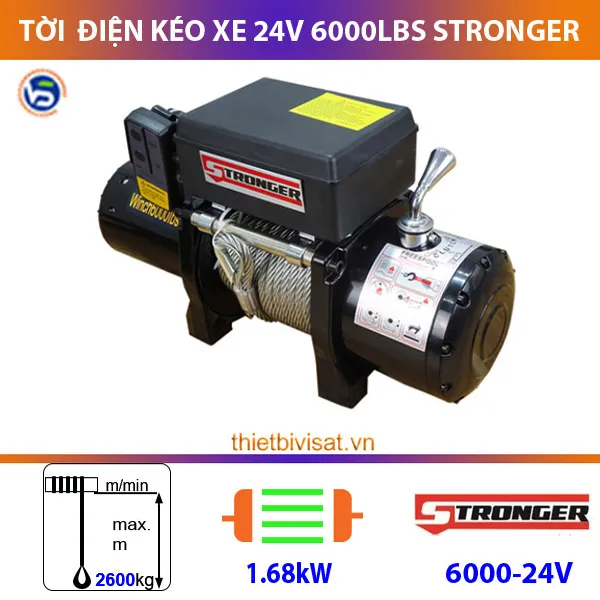 Tời điện kéo xe 24v 6000LBS Stronger dây cáp thép kéo tải 2600kg
