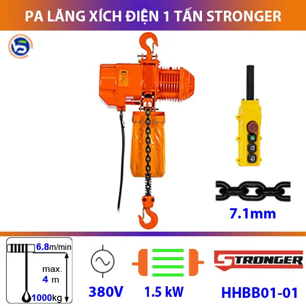 Pa lăng xích điện 1 tấn trang bị xích kéo nâng hạ hàng hóa 4m, tốc độ 6.8 mét/phút