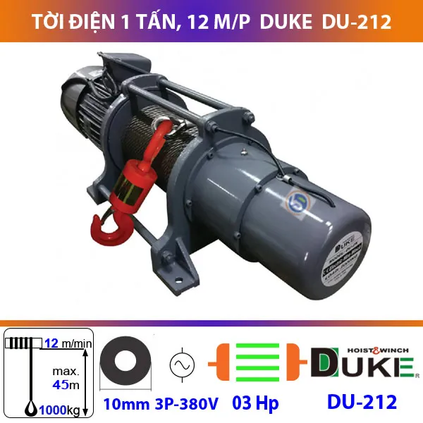 Tời điện 1 tấn DU-212 chiều cao nâng 45m với động cơ mạnh mẽ