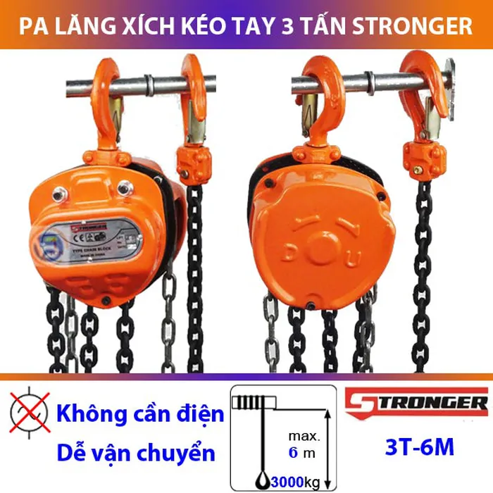 Pa lăng xích kéo tay 3 tấn Stronger - tăng tải nâng hạ với xích đôi