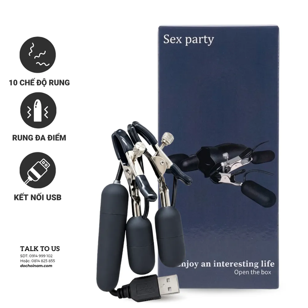 Bộ Kẹp Ty Rung Đa Điểm Cổng Sạc USB – 3 Đầu Rung Kích Thích Nhạy Cảm 10 Chế Độ - [ Tặng kèm gel: 200ml]