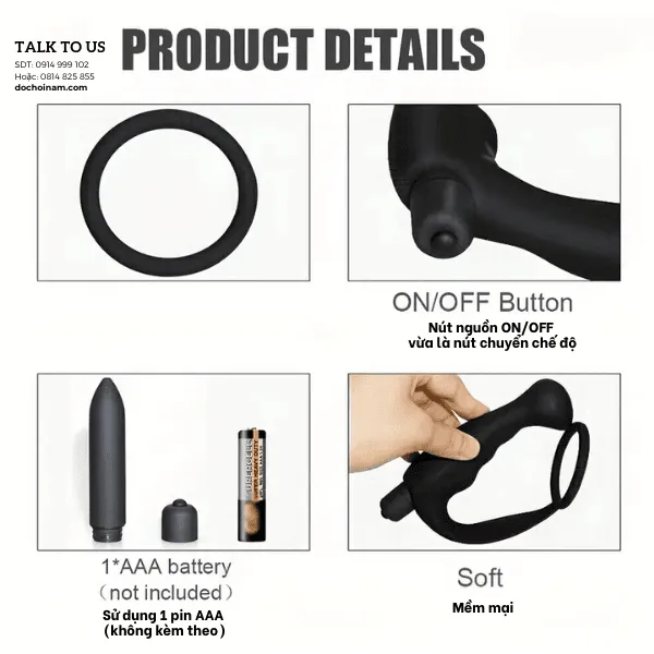 PLug rung hậu môn rung 10 chế độ,  có vòng rung silicone– Dùng Pin AAA [Quà tặng: Gel bôi trơn 200ml] 
