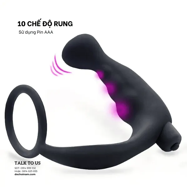 PLug rung hậu môn rung 10 chế độ,  có vòng rung silicone– Dùng Pin AAA [Quà tặng: Gel bôi trơn 200ml] 