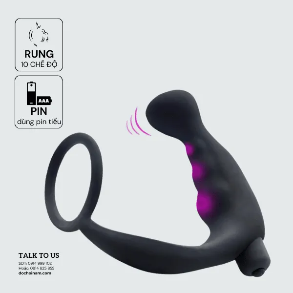 PLug rung hậu môn rung 10 chế độ,  có vòng rung silicone– Dùng Pin AAA [Quà tặng: Gel bôi trơn 200ml] 