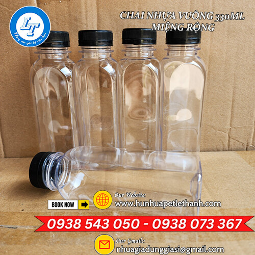 kho sỉ rẻ chai nhựa vuông 330ml miệng rộng có ren 4 kho sỉ rẻ chai nhựa vuông 330ml miệng rộng có ren 4