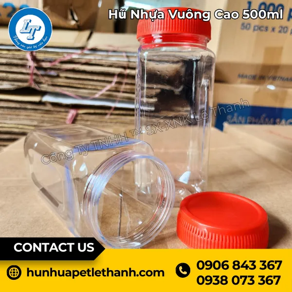 Hũ Nhựa Vuông Cao 500ml