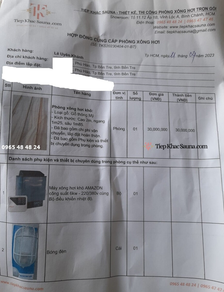 Hợp đồng phòng xông hơi khô thiết kế lắp đặt theo yêu cầu cho anh Khánh tại Bến Tre trang 1