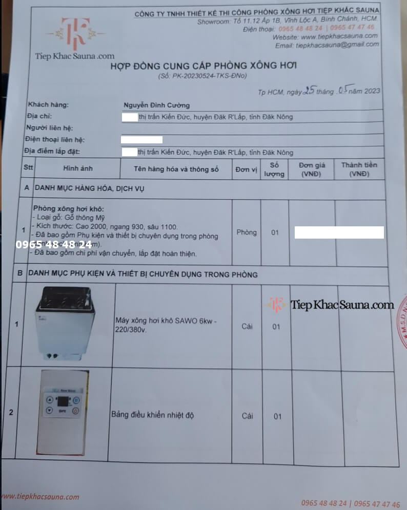 Hợp đồng cung cấp phòng xông hơi cho gia đình anh Cường, thị trấn Kiến Đức, Đăk Nông