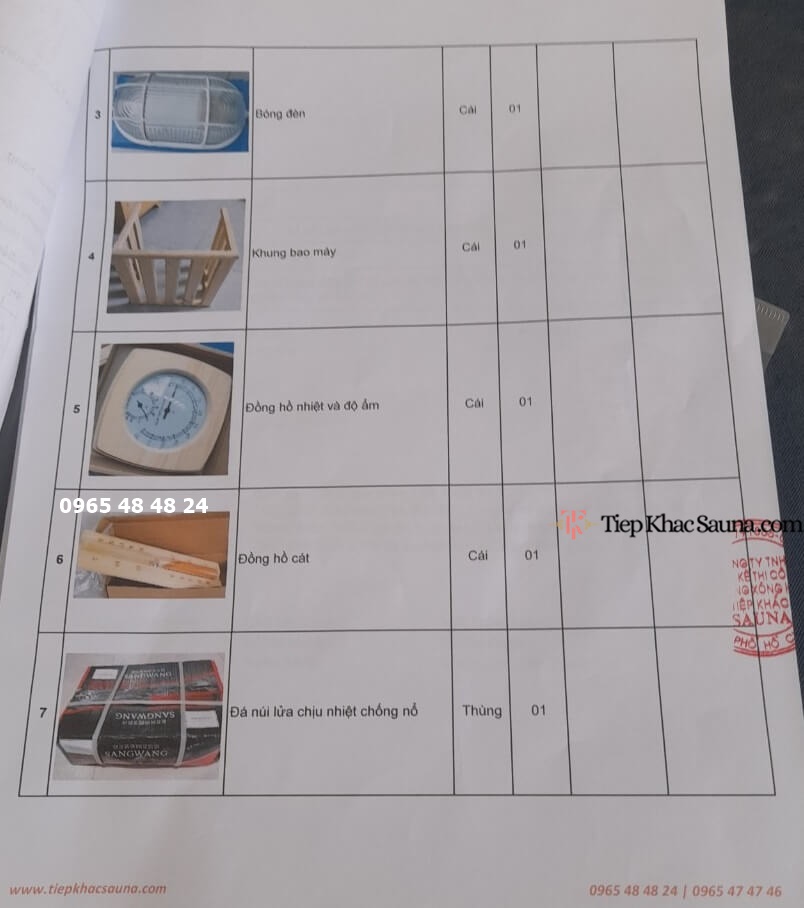 Danh sách phụ kiện, thiết bị chuyên dụng trong hợp đồng phòng xông hơi khô cho gia đình khách quận Bình Tân, HCM trang 2