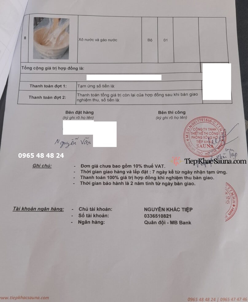 Danh sách phụ kiện, thiết bị chuyên dụng trong hợp đồng phòng xông hơi khô cho gia đình khách quận Bình Tân, HCM trang 3