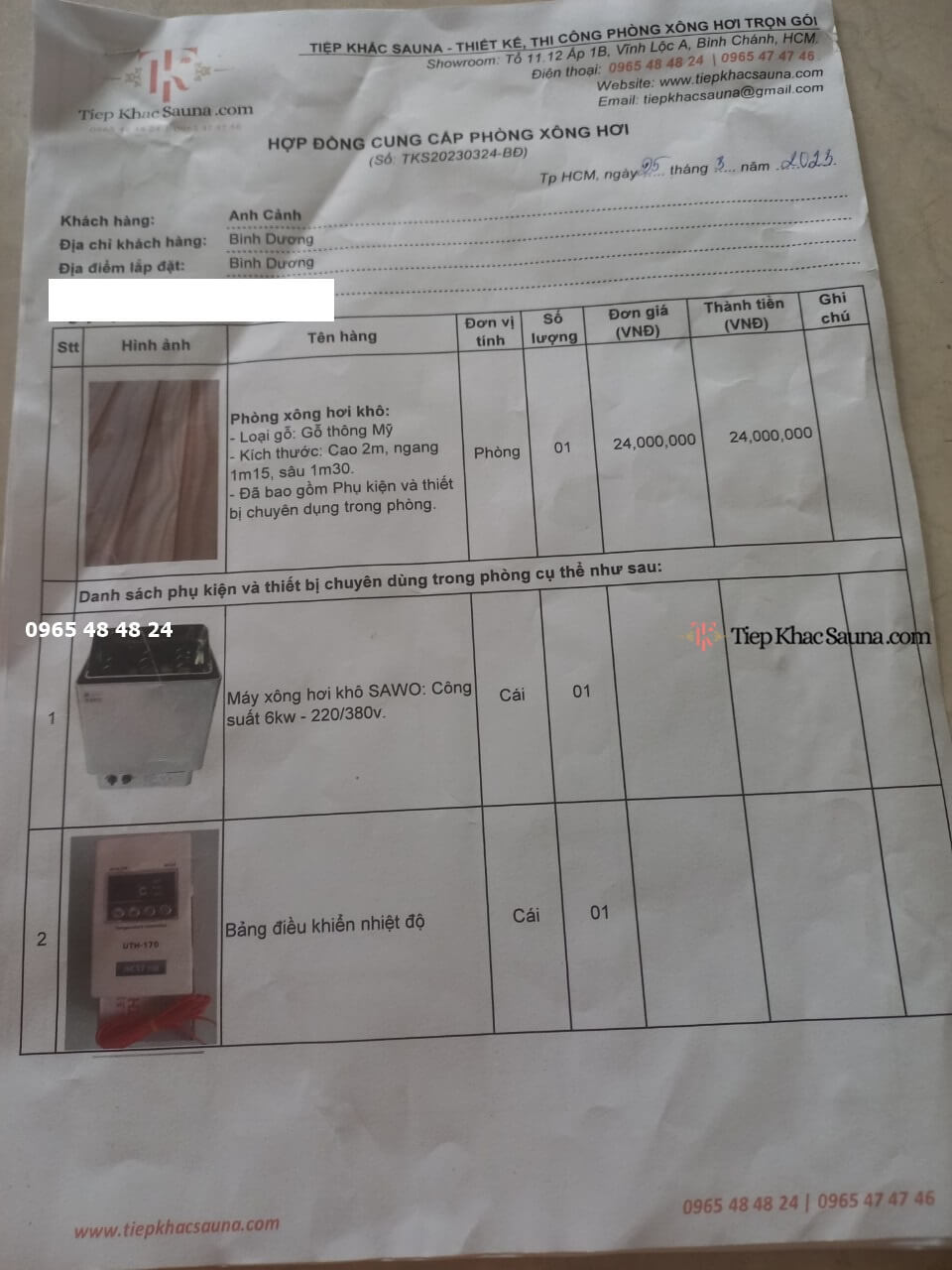 Hợp đồng cung cấp phòng xông hơi khô cho gia đình anh Cảnh tại Bình Dương