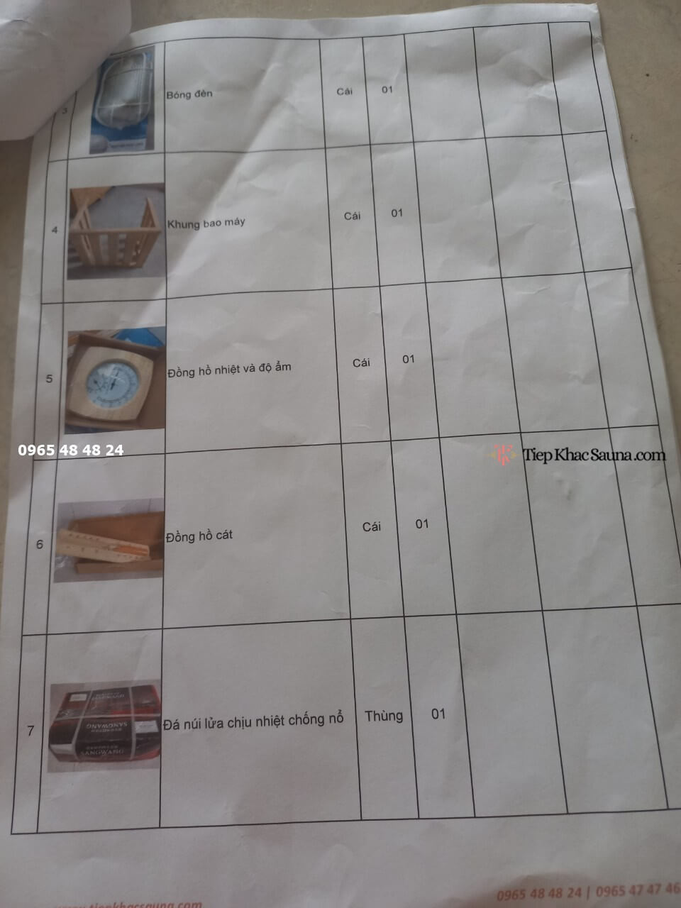 Danh sách phụ kiện và thiết bị chuyên dụng trong hợp đồng phòng xông hơi khô cho gia đình anh Cảnh tại Bình Dương trang 2