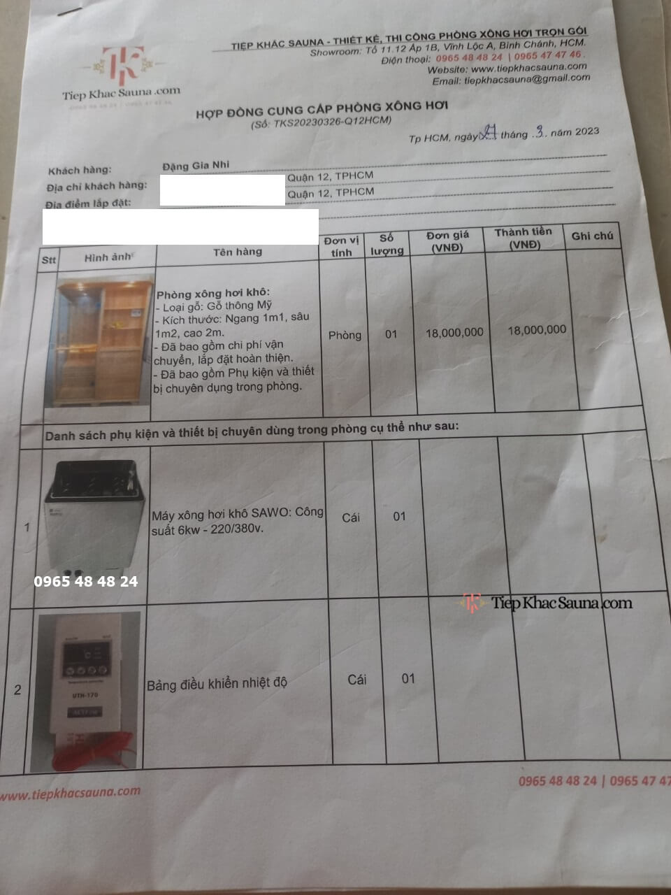 Hợp đồng Phòng xông hơi gia đình chị Nhi quận 12, TpHCM