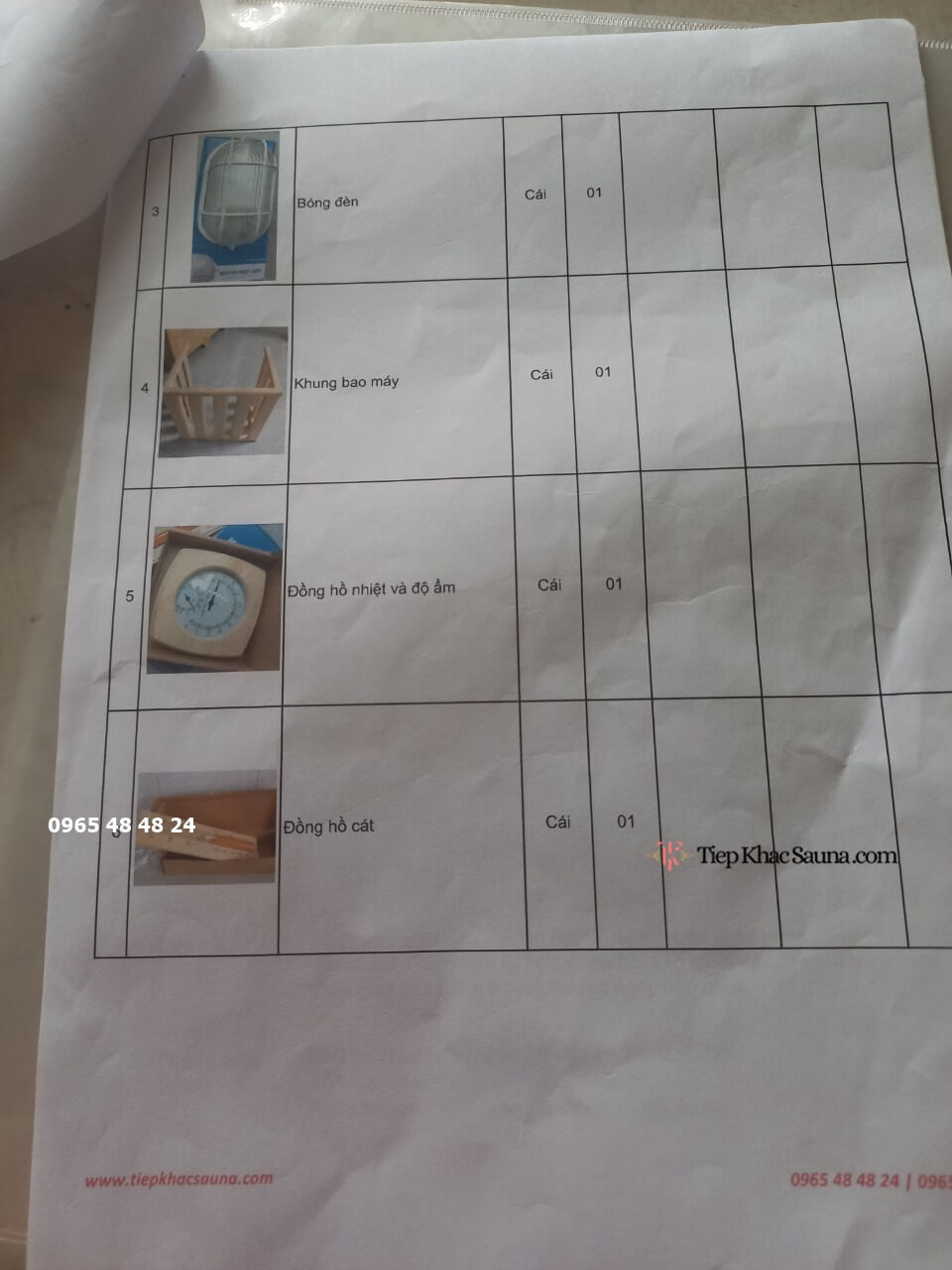 Danh sách phụ kiện và thiết bị chuyên dụng trong hợp đồng phòng xông hơi khô cho gia đình chị Nhi, TpHCM trang 2