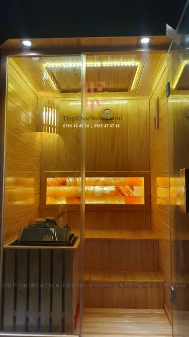 Phòng xông hơi khô đá muối bàn giao khách tại Vĩnh Cửu, Đồng Nai. Cao 2m, ngang 1m2, sâu 1m1. Sử dụng từ 1-2 người/lần xông. Hình 4/4
