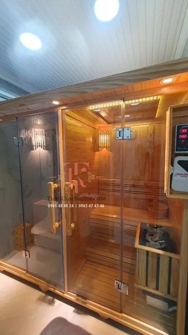 Bộ đôi phòng xông hơi khô và ướt lắp đặt tại quận 6, HCM. Cao 2m, sâu 1m1, ngang tổng 2m16. Sử dụng tối đa 4 người/lần xông. Hình 2