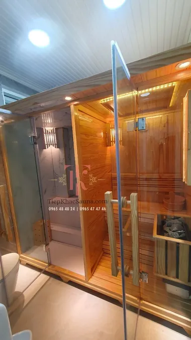 Bộ đôi phòng xông hơi khô và ướt lắp đặt tại quận 6, HCM. Cao 2m, sâu 1m1, ngang tổng 2m16. Sử dụng tối đa 4 người/lần xông. Hình 3