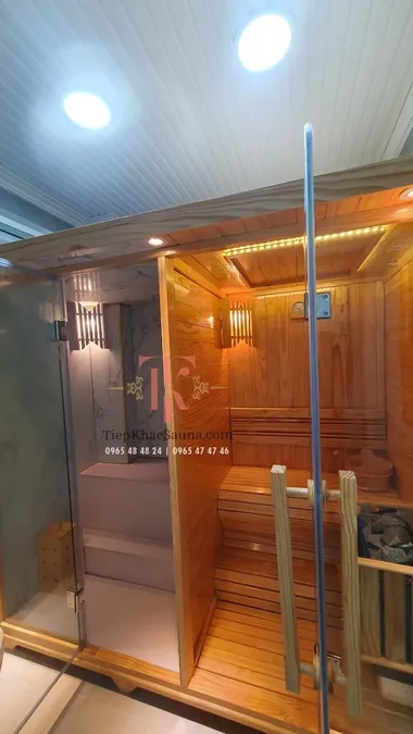 Bộ đôi phòng xông hơi khô và ướt lắp đặt tại quận 6, HCM. Cao 2m, sâu 1m1, ngang tổng 2m16. Sử dụng tối đa 4 người/lần xông. Hình 4
