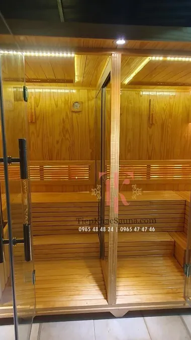 Bộ đôi phòng xông khô lắp đặt tại DOLE Beauty & SPA quận 2, HCM. Cao 2m, sâu 1m3, ngang tổng 2m8. Sử dụng tối đa 8 người/lần. Hình 2