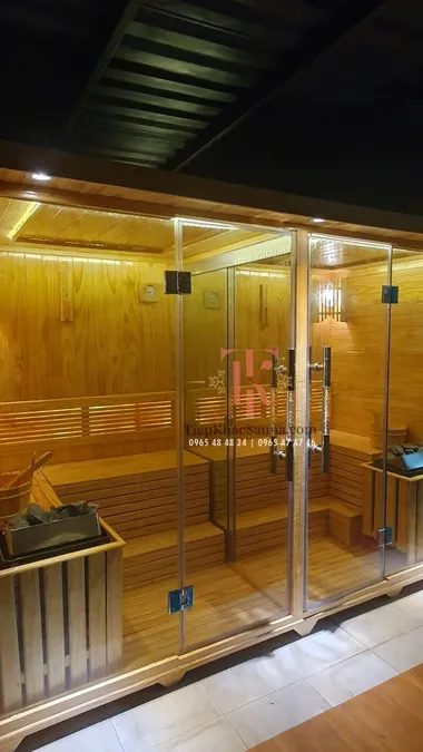 Bộ đôi phòng xông khô lắp đặt tại DOLE Beauty & SPA quận 2, HCM. Cao 2m, sâu 1m3, ngang tổng 2m8. Sử dụng tối đa 8 người/lần. Hình 3