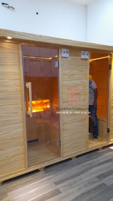 Bộ đôi phòng xông khô SPA lắp đặt tại Mỹ Tho, Tiền Giang. Cao 2m, sâu 1m3, ngang tổng 2m8. Sử dụng tối đa 8 người/lần. Hình 2