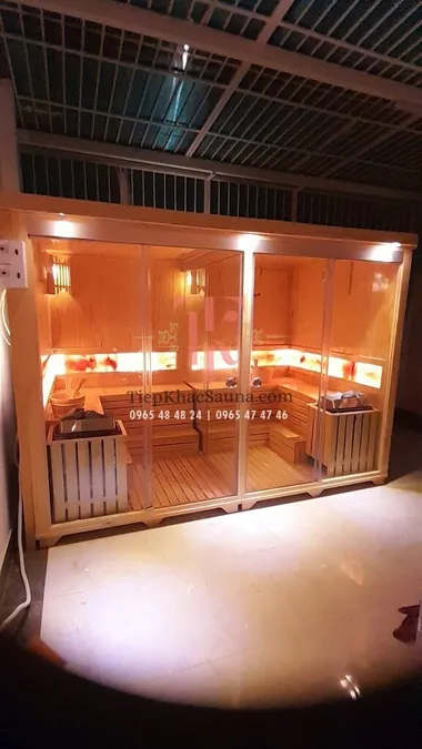 Bộ đôi phòng xông khô lắp đặt tại Mộc Lâm Dưỡng Sinh quận 7. Cao 2m, sâu 1m6, ngang tổng 2m8. Tối đa 8 người/lần xông. Hình 1
