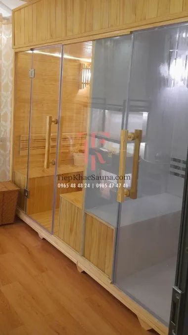Bộ đôi phòng xông khô ướt tại Mộc Kim SPA quận 12. Cao 2m, sâu 1m2, ngang tổng 3m. Sử dụng 8 người/lần xông. Hình 1