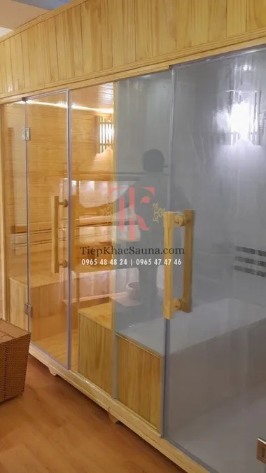 Bộ đôi phòng xông khô ướt tại Mộc Kim SPA quận 12. Cao 2m, sâu 1m2, ngang tổng 3m. Sử dụng 8 người/lần xông. Hình 2