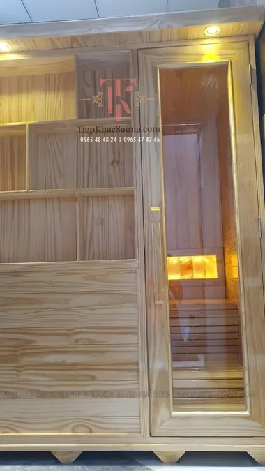 Phòng xông hơi khô đá muối khách hàng tại Biên Hòa - Đồng Nai. Cao 2m2, ngang 1m6, sâu 1m2. Sử dụng 3 - 4 người/lần xông. Hình 2/4 